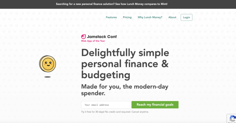 Screenshot of Lunch Money homepage